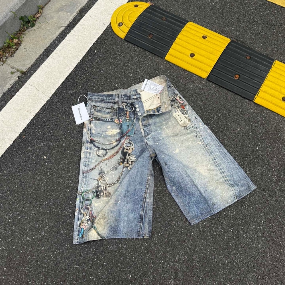 Acne Studio Distressed Blue Jean Shorts with Chain Detail